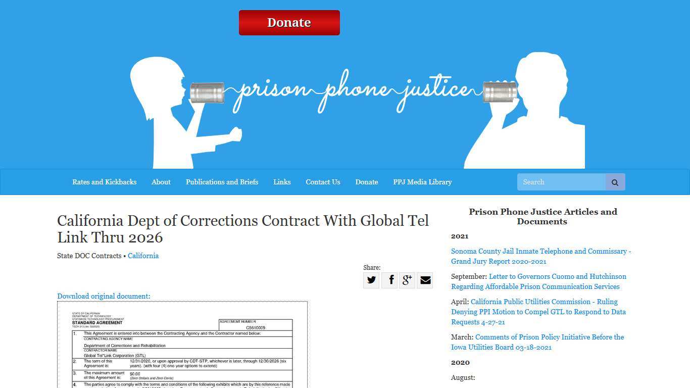 California Dept of Corrections Contract With Global Tel Link Thru 2026 | Prison Phone Justice
